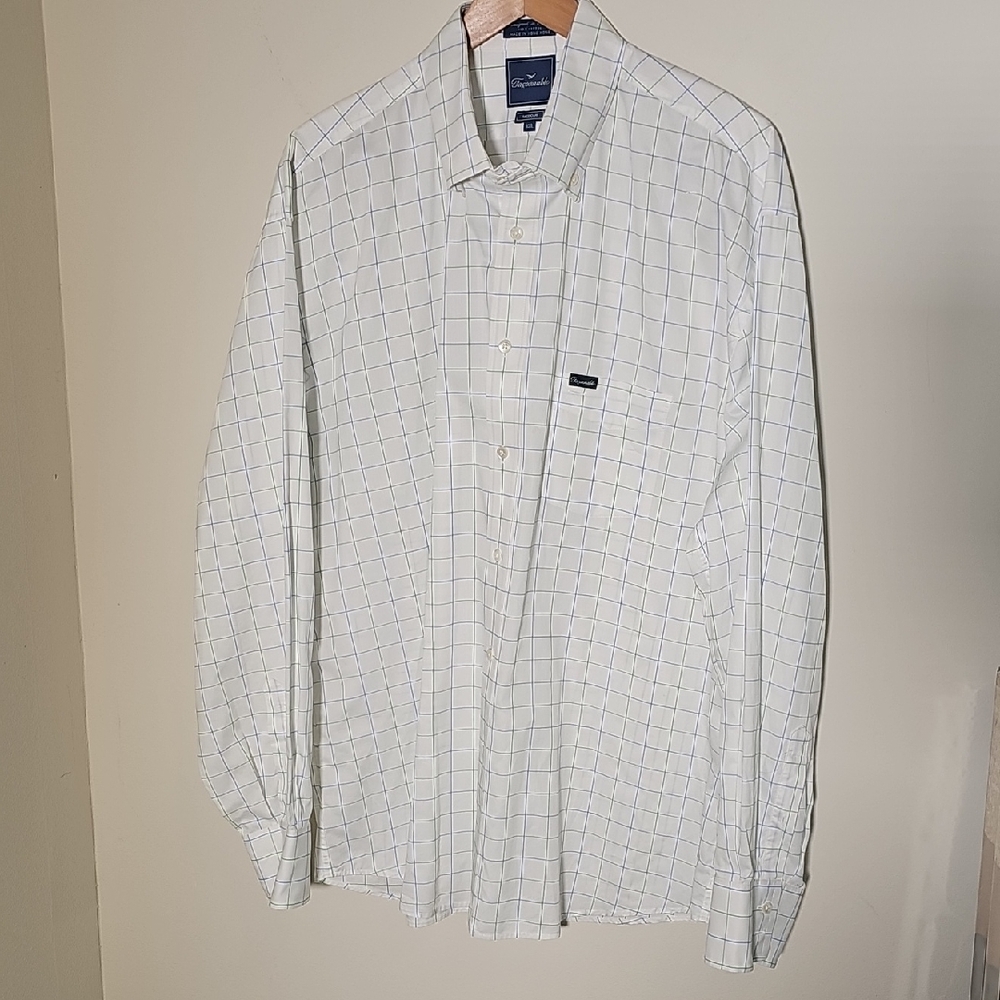 Faconnable Mens White and Blue Checkered‎ Shirt Size XXL. 100% Cotton France